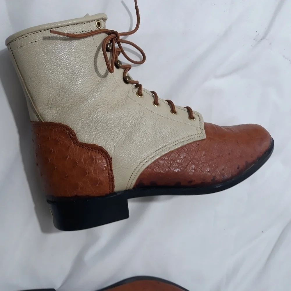 Vintage J. Chisholm USA 7M Booties Brown & Cream New Genuine Leather Siz…